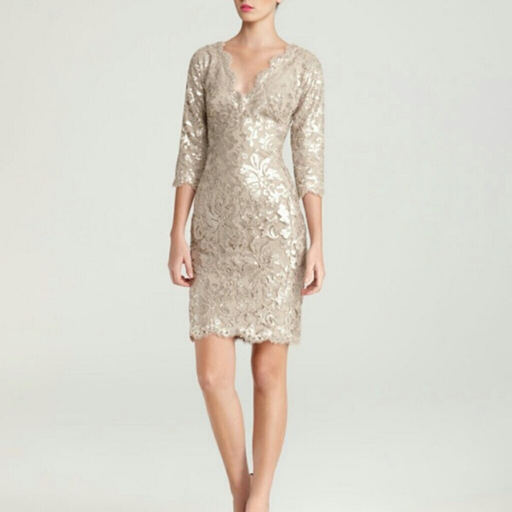 Tadashi Shoji Long Sleeve Sequin Lace V-neck dress